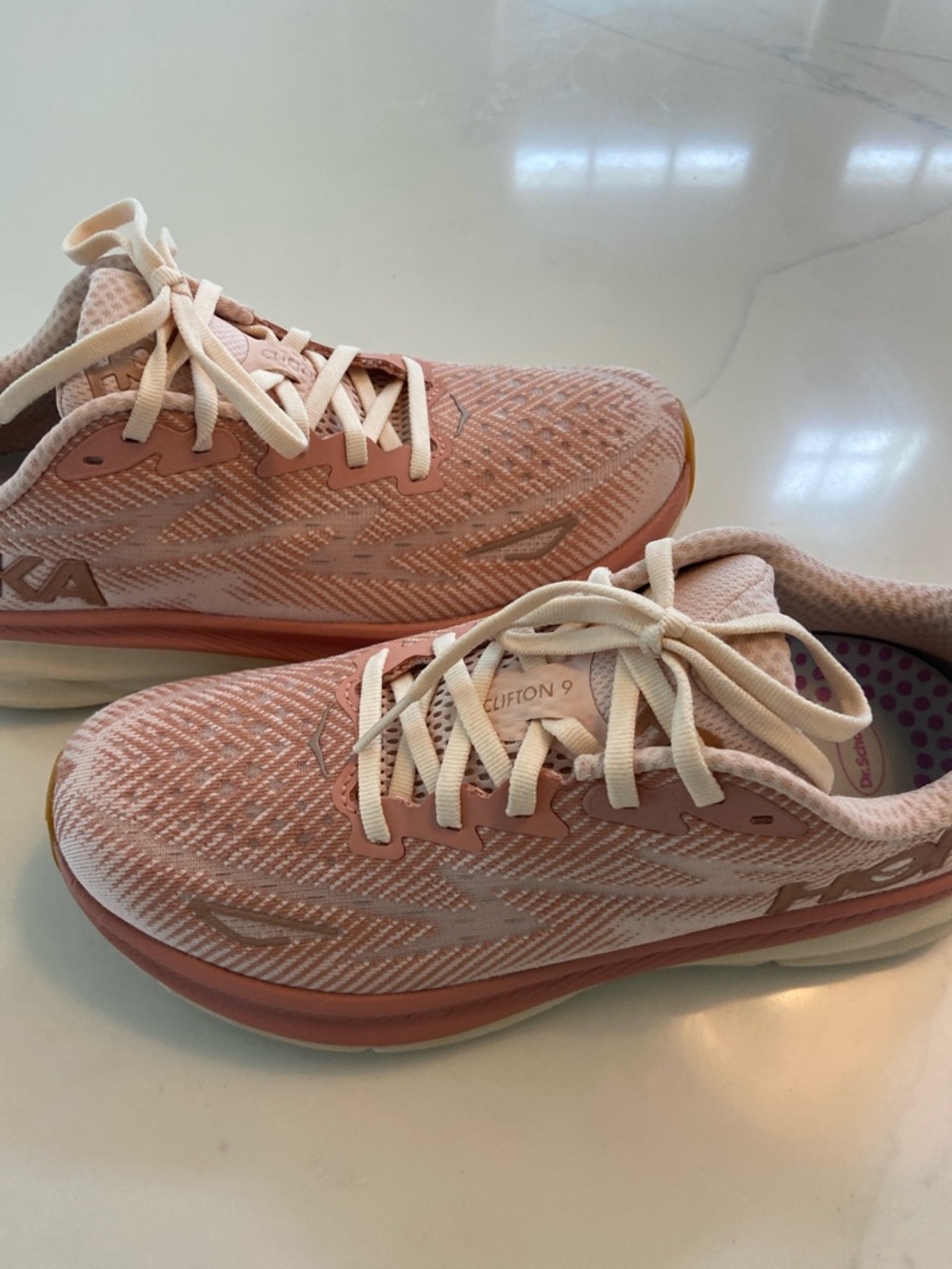 Hoka Clifton Women's Athletic Shoes in Blush Pink and White - Picture 4 of 16